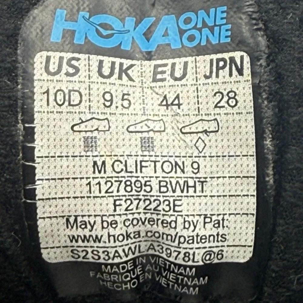 Hoka One One Clifton‎ 9 Men's Size 10D Black White Running Walking Shoes Sneaker